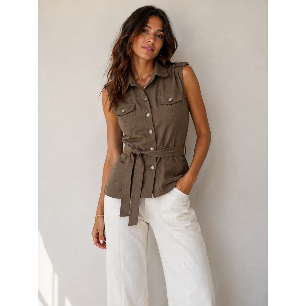 IZ Byer California Vintage Y2K Brown Sleeveless Utility Safari Jacket Vest M NWT